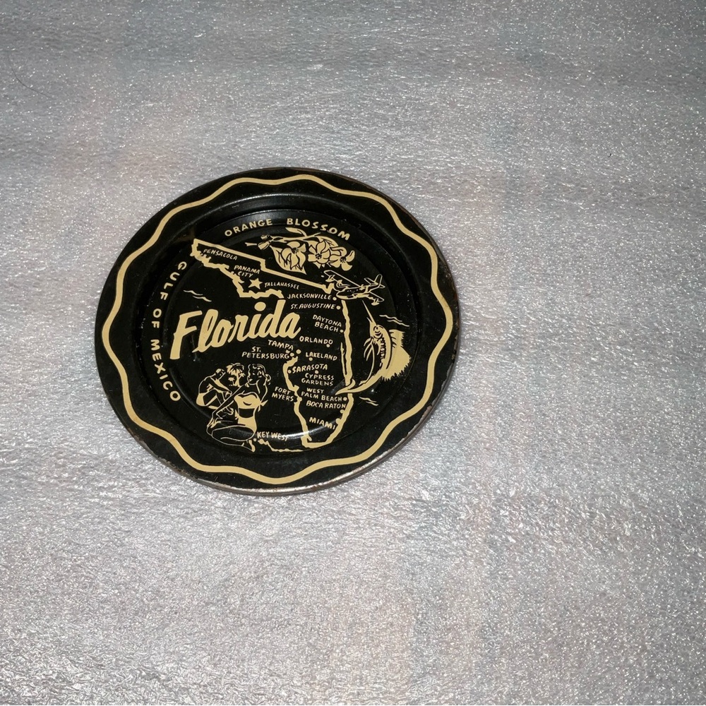 Vtg Florida State Souvenir Map Round Tin Tray Travel Trip Orange Blossom Beaches - Picture 4 of 11